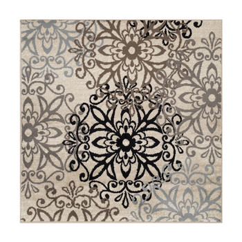 5' Square Tan Gray and Black Square Floral Medallion Stain Resistant Area Rug