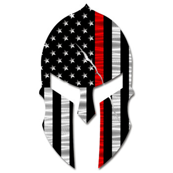 Thin Red Line Fire American Flag Spartan Helmet Metal Wall Art