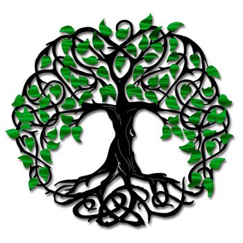 Black Tree of Life with Green Leaves Metal Wall Art