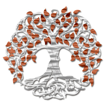 Silver Tree of Life with Copper Leaves Metal Wall Art