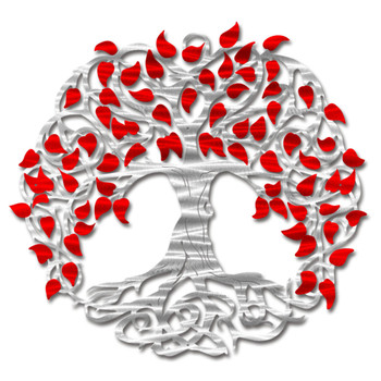 Silver Tree of Life with Red Leaves Metal Wall Art