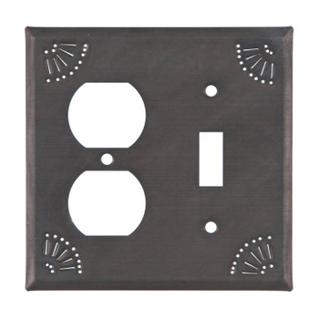 Double Combo Plain Single Outlet & Single Toggle Tin Switch Plate Cover with Chisel in Blackened Tin