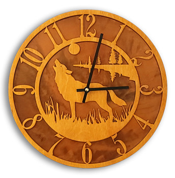 Wolf/Coyote Baltic Birch and Metal Tableau Wall Clock