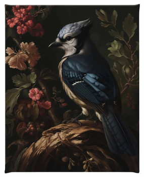 Elegance in Bloom Blue Jay Bird Amongst Flora Gallery Wrapped Canvas Art Print Wall Art