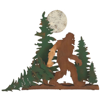 Bigfoot Sasquatch Dragging Tree in Forest with Moon Rust Metal Wall Art