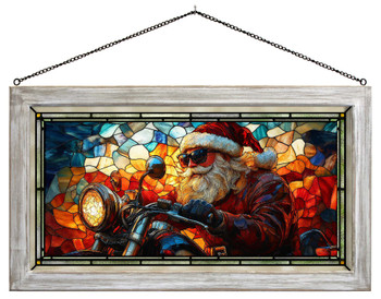 23" Santa's Iron Sleigh Motorcycle Framed Glass Art