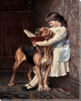 Naughty Boy Girl Reading to Her Dog Wrapped Canvas Giclee Print
