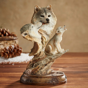 Family Song Wolf & Cubs Hand Painted Sculpture by Joe Slockbower
