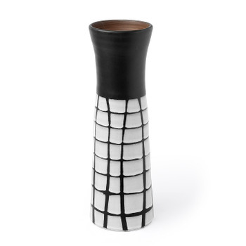 24" Black and White Modern Grid Ceramic Vase