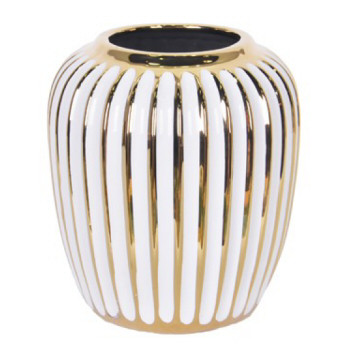 9" White and Gold Ceramic Striped Round Table Vase