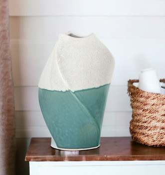 12" Green and Ivory Ombre Wavy Ceramic Table Vase