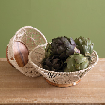 Set of Two Wood and Macrame Decorative Bowls