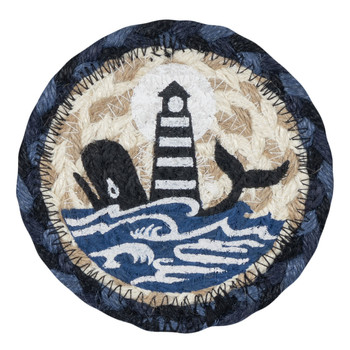 Nautical White Whale Lighthouse Printed Jute Round Coaster