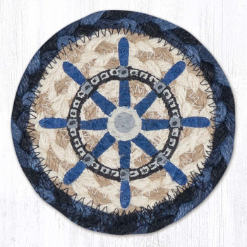 Nautical White Ship Wheel Printed Jute Round Coaster