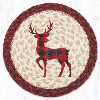 Red Plaid Deer Printed Round Jute Trivet