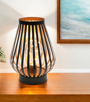 9" Black Metal Lantern Bedside Lamp LED with Black Novelty Shade