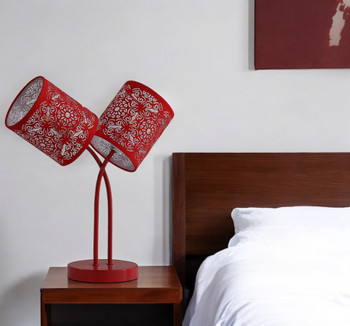 17" Red Metal Two Light Table Lamp with Red Abstract Drum Shade