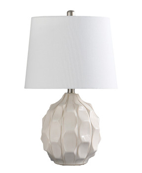 22" Cream Ceramic Faceted Table Lamp with Off White Drum Shade