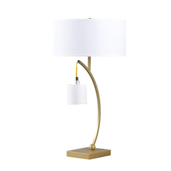 29" Gold Metal Two Light Arched Table Lamp with White Drum Shade