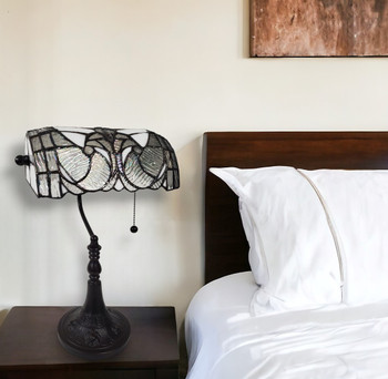 16" Dark Brown Table Lamp with White and Silver Shade