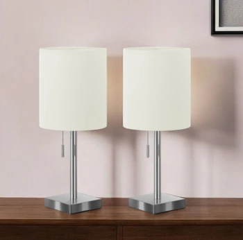 Set of Two 17" Silver Metal Candlestick USB Table Lamps with Ivory Drum Shade