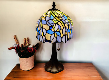 15" Dark Brown Metal Candlestick Table Lamp with Blue Dome Shade