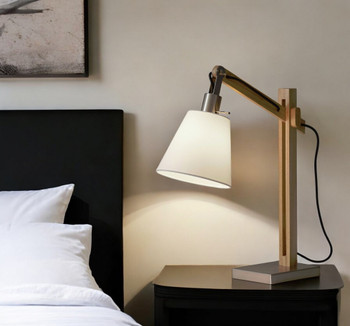 25" Natural Wood Adjustable Height Table Lamp with White Bell Shade
