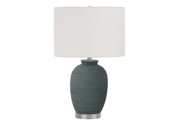 24" Blue and Silver Ceramic Round Table Lamp with Ivory Drum Shade