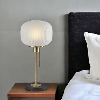 22" Antiqued Brass Table Lamp with White Ribbed Frosted Glass Dome Shade