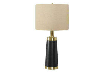 28" Black and Gold Metal Cylinder Table Lamp with Beige Drum Shade