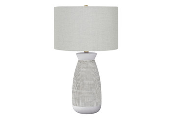 27" Gray and White Ceramic Round Table Lamp with Gray Drum Shade