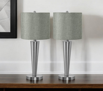 Set of Two 24" Silver Metal Candlestick USB Table Lamps with Gray Drum Shade