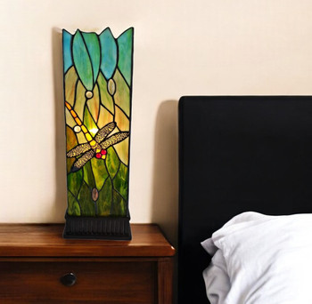 18" Dark Brown Table Lamp with Green and Black Shade