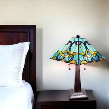 23" Dark Brown Metal Two Light Table Lamp with Blue and Green Cone Shade