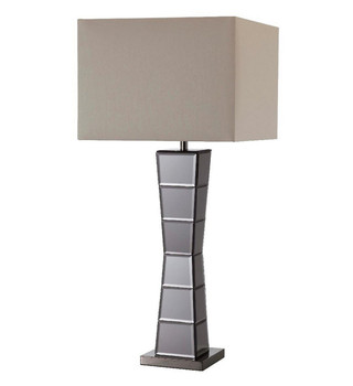 Black Glass Tower Table Lamp with Beige Fabric Shade