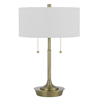 20" Antiqued Brass Metal Two Light Table Lamp with White Drum Shade