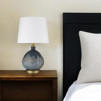 22" Teal Blue Concrete Gourd Table Lamp with Cream Empire Shade