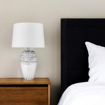25" Black and White Ceramic Column Lamp with White Drum Shade