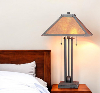 25" Gray Metal Two Light Cylinder Table Lamp with Amber Square Shade