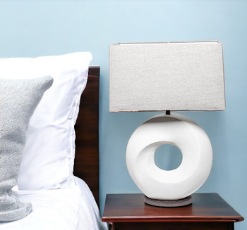 27" White Geometric Table Lamp with Gray Shade