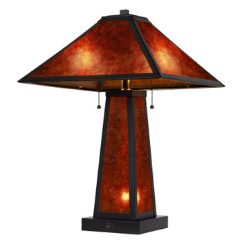 24" Burnt Orange Metal Two Light Table Lamp with Amber Square Shade