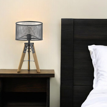 20" Brown Solid Wood Tripod Table Lamp with Black Drum Shade