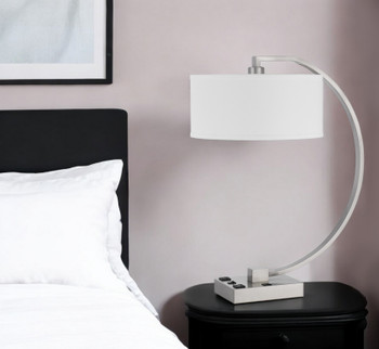 26" Nickel Metal Lantern Desk USB Table Lamp with White Shade
