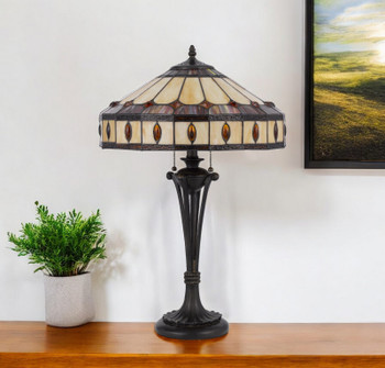 26" Black Metal Two Light Candlestick Table Lamp with Ivory and Red Dome Shade