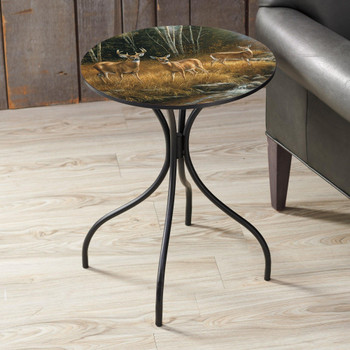 22" October Mist Whitetail Deer Metal Accent Table with Printed Top by Rosemary Millette