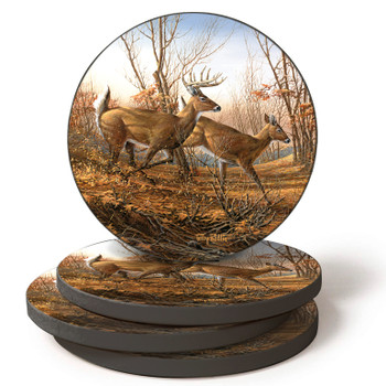 Autumn Run Whitetail Deer Absorbent Beverage Coasters by Terry Redlin, Set of 4