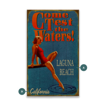Laguna Beach CA "Come Test the Waters" Lady Dipping Toe Blue Wall Sign Wood or Metal