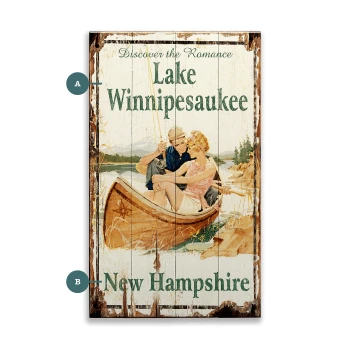 Lake Winnipesaukee Romantic Couple Canoeing Wall Sign Wood or Metal