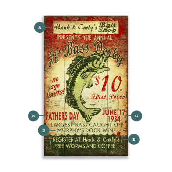 Hank and Curly's Bait Shop Cane Pole Bass Derby Wall Sign Wood or Metal