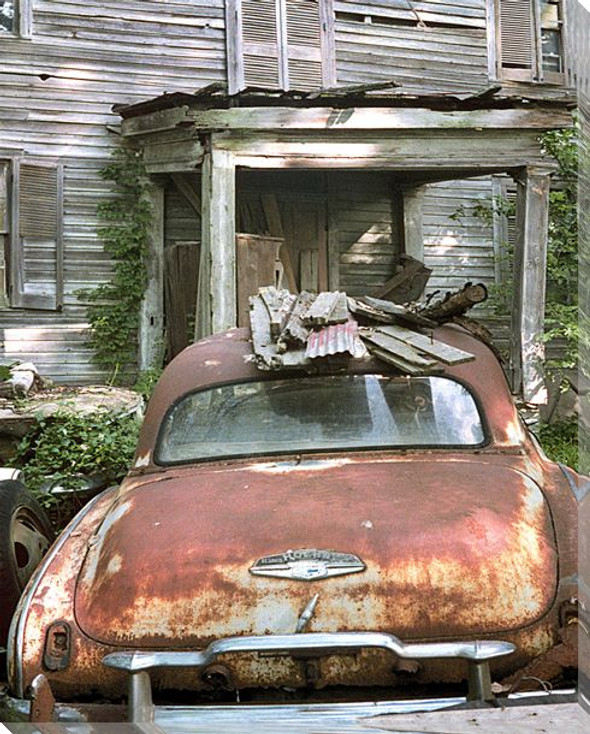 Rusty Car in Front of House Wrapped Canvas Giclee Print Wall Art